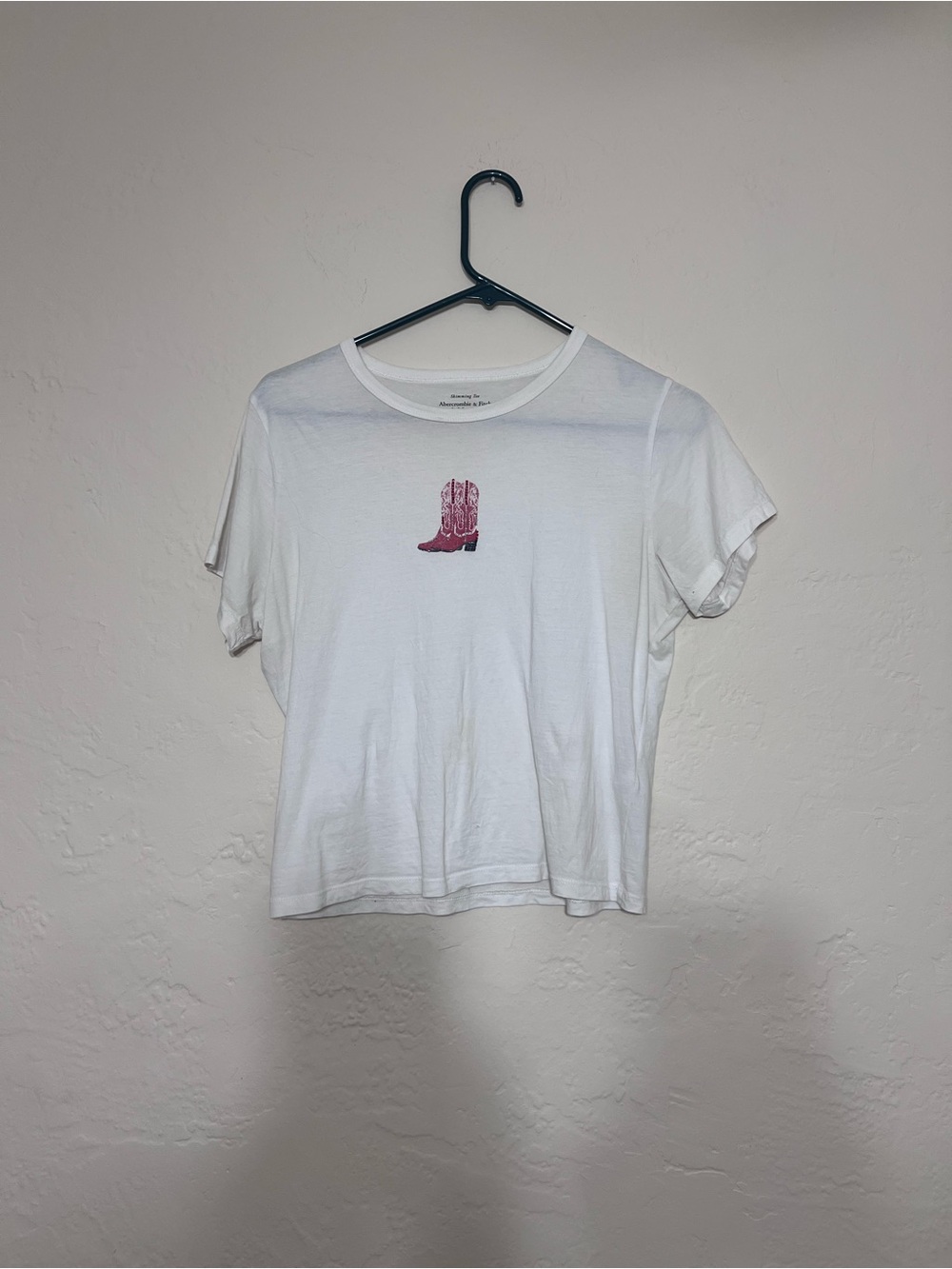 Abercrombie & Fitch Essentials Skimming White Tee w/ Red Rhinestone Cowboy Boot